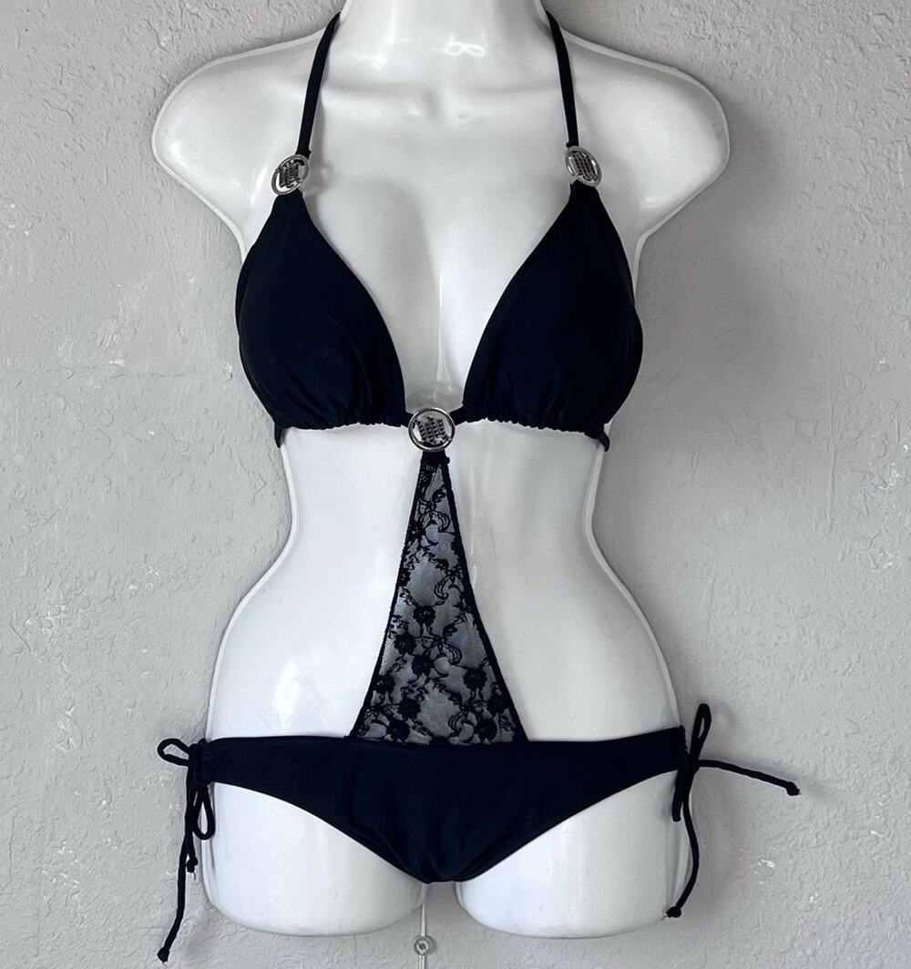 HART AND HUNTINGION Black Monokini Rhinestones Bikini One Pice Lace NWT Size M